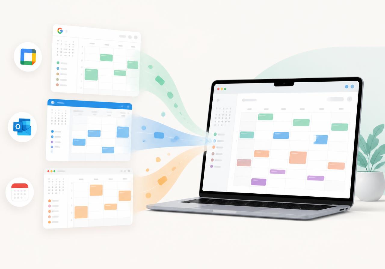 One professional's calendars across several separate companies, unified into a single view
